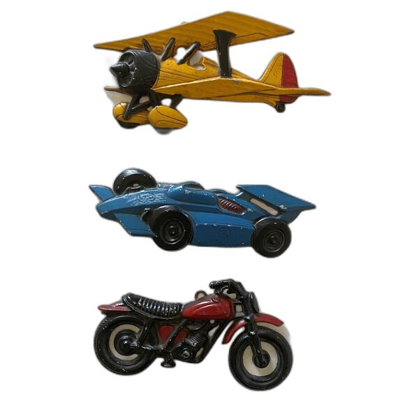 Vintage Homco Cast Metal Wall Decor Set Airplane Race Car Motorcycle USA Made - Picture 1 of 7